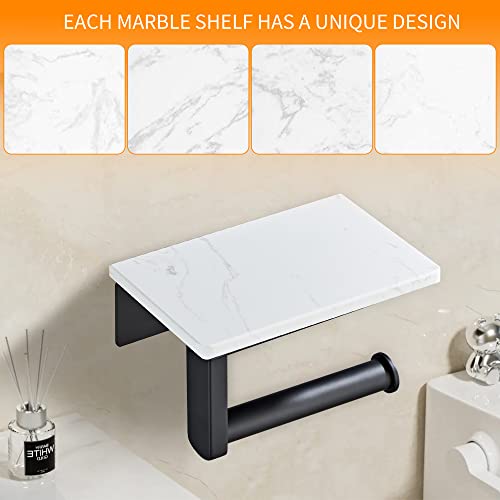 Matte Black Toilet Paper Holder with Marble-Look Shelf, Wall Mounted SUS304 Stainless Steel Toilet Roll Holder with Phone Storage - color: Matte Black