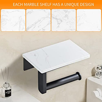 Matte Black Toilet Paper Holder with Marble-Look Shelf, Wall Mounted SUS304 Stainless Steel Toilet Roll Holder with Phone Storage - color: Matte Black