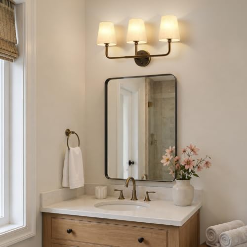MOKATNG Bathroom Light Fixtures, 3-Light Oil-Rubbed Bronze Vanity Lights, Bathroom Lighting Fixtures Over Mirror with Flared Linen Shade, Modern Wall Sconces for Living Room Hallway - color: Oil-Rubbed Bronze & Beige Shade