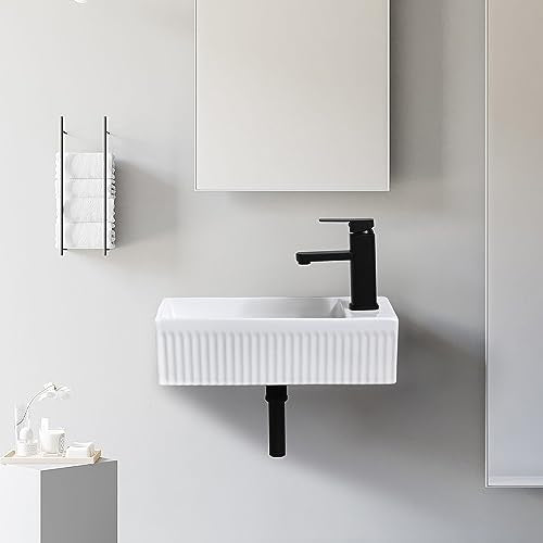 Bathroom Vessel Sink Wall Mount Sink White Wall Mounted Rectangular White Porcelain Ceramic Washing Small Bathroom Vanity Sink with Faucet and Drain - color: White 2