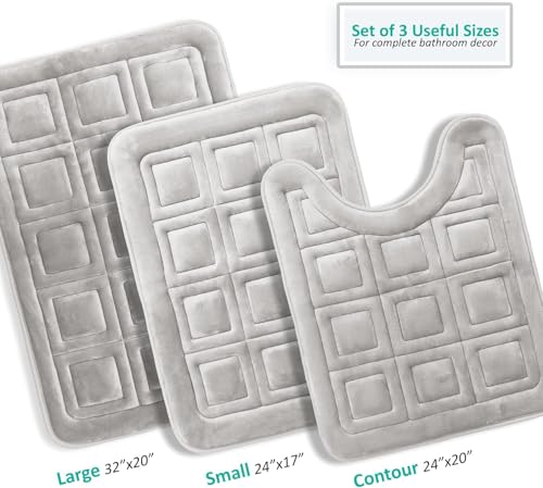Clara Clark Set of 3 Bath Mats, Non-Slip Velvet Memory Foam Bathroom Rugs, Machine Wash, Soft and Plush Bath Rugs, 17 x 24 Inch, 20 x 32 Inch & U-Shaped 20 x 24 Inch, Waffle Design - Silver - color: Silver