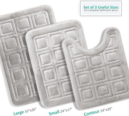 Clara Clark Set of 3 Bath Mats, Non-Slip Velvet Memory Foam Bathroom Rugs, Machine Wash, Soft and Plush Bath Rugs, 17 x 24 Inch, 20 x 32 Inch & U-Shaped 20 x 24 Inch, Waffle Design - Silver - color: Silver