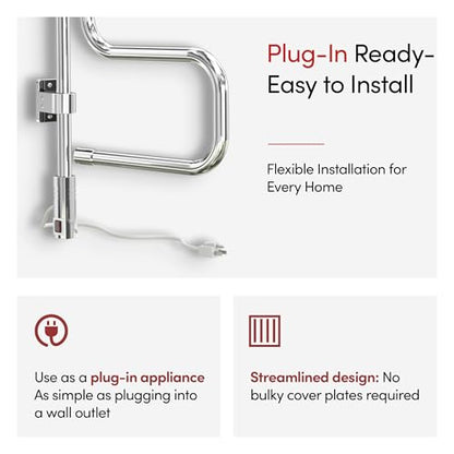 WarmlyYours Elements Heated Towel Rack, 4 Bars, Swivel | Wall-mounted swivel electric towel warmer, polished chrome, plug-in drying rack for bathroom, gentle even warmth