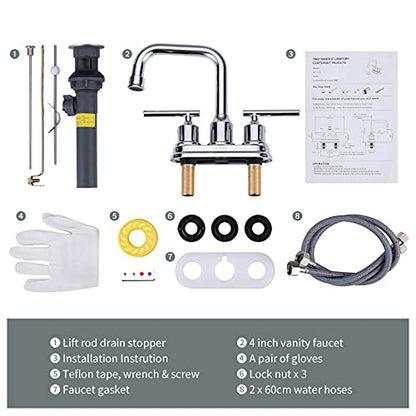 WOWOW Chrome 4 Inch Bathroom Sink Faucet Centerset Lift Rod Drain Stopper 2 Handle Lavatory Commercial Contemporary Faucet High Arc Brass Faucets for Bathroom - color: Chrome, style: Centerset - 4 Inch