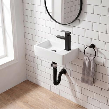 White Wall Mounted Ceramic Bathroom Sink, 14" x 7" Floating Vessel Sink | Rectangle, Black Faucet, Pop Up Drain, Ideal for Small Bathroom, Right Hand - size: 13.8''x6.8''