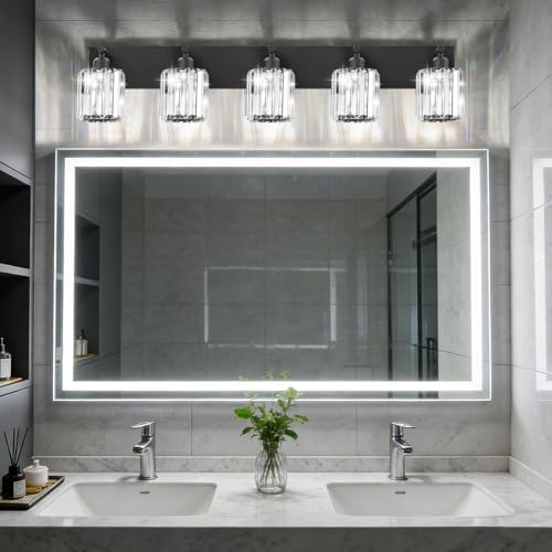 Black Crystal Bathroom Vanity Light, 5-Light Modern Bathroom Lighting Fixtures Over Mirror, Matte Black Wall Sconce Light Fixtures with Round Shade - color: Black-Round Shade, size: 5-LIGHT
