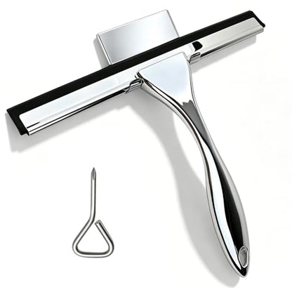 All-Purpose Stainless Steel Squeegee, 10 Inch Silver Shower Squeegee with 1 Adhesive Hooks, Streak-Free Silicone Blade for Shower Door, Window, Car, Tile Wall, Bathroom Household Cleaning Tool