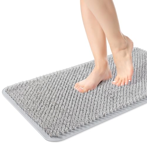 Yolife Shower Foot Scrubber Mat, Anti-Slip Bath Mat with Scrub Bristles, Soft Shower Foot Massager with Strong Suction Cups for Soothe Achy Feet,27.5'' x 15.7'' - color: Light Grey, size: 27.5" x 15.7" (Rectangular)