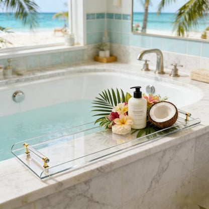 Clear Acrylic Bathtub Caddy Tray with Gold Handles for Luxury Bathroom Bathtub, 31 x 9 Inch