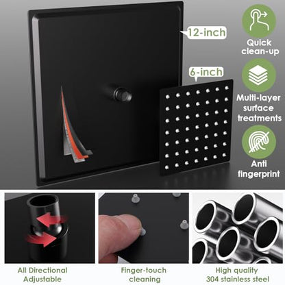 Enga Dual Shower Head Shower System with Body Jets, 12" Ceiling Mounted Rain Shower Head & 6" Wall Mounted Head Full Body Rainfall Shower Faucet with Valve Kit, Matte Black - color: Matte Black, style: Ceiling-12"+6"+Jets