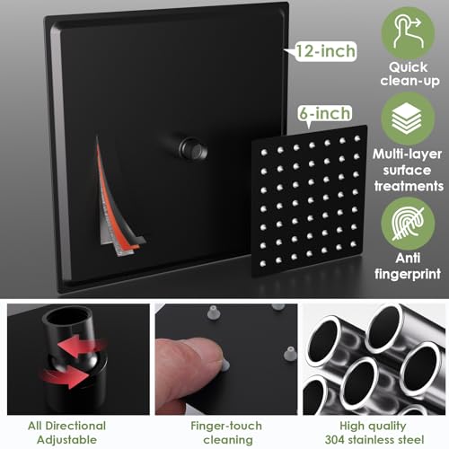 Enga Dual Shower Head System with Body Jets, 12"+ 6" Wall Mounted Dual Rain Shower Faucet with Valve Kit, Matte Black - color: Matte Black, style: Wall-12"+6"+Jets