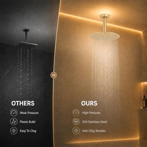 12 Inch Round Rainfall Shower Head, High Pressure Overhead Shower Heads, Wall Ceiling Mounted Ultra Thin Stainless Steel Shower Head, Brushed Gold - color: Brushed Gold, size: 12-Inches, style: Round