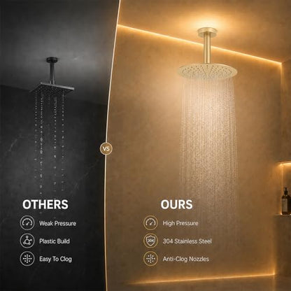 12 Inch Round Rainfall Shower Head, High Pressure Overhead Shower Heads, Wall Ceiling Mounted Ultra Thin Stainless Steel Shower Head, Brushed Gold - color: Brushed Gold, size: 12-Inches, style: Round