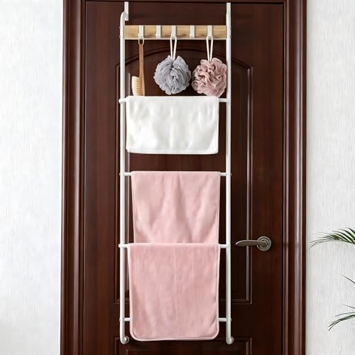 Over The Door Towel Rack 5 Tier Towel Holder with Hooks for Door Hanging Metal Over Door Towel Bar for Bathroom Door Towel Hanger for Bathroom Accessories, White and Wood - color: White and Wood