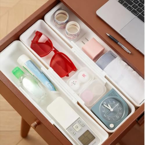 4 Pcs Expandable Sliding Drawer Organizer Bin, Adjustable Length Storage Tray for Kitchen Utensils, Straw Organizer, Bathroom, Office - Durable Plastic Space-Saving Design