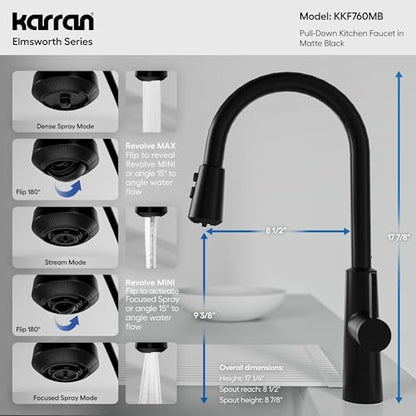Karran Elmsworth Commercial Style Pull-Down Kitchen Faucet with Dual Interchangeable Spray Heads 5-Function Revolve MAX & 3-Function Revolve Mini Aerator High-Arc Spout (Matte Black) - color: Matte Black