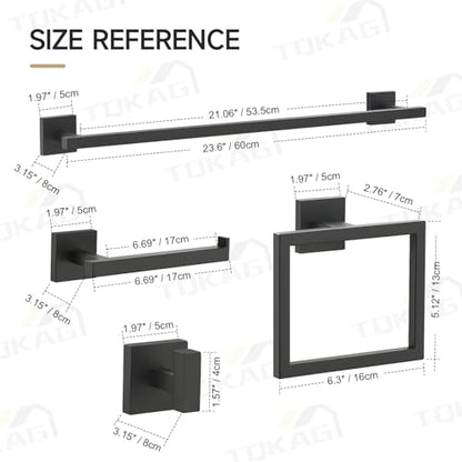 TQKAG Matte Black Bathroom Hardware Accessories Set 10 Pieces, 23.6" SUS304 Stainless Steel Towel Bar Set Wall Mounted Includes Single Towel Bar, Towel Ring, Toilet Paper Holder, Double Towel Hooks - color: Matte Black, size: 10-Pieces Set