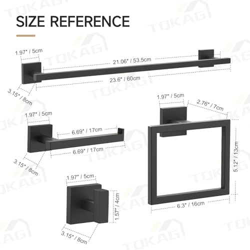 TQKAG Matte Black Bathroom Hardware Accessories Set 10 Pieces, 23.6" SUS304 Stainless Steel Towel Bar Set Wall Mounted Includes Single Towel Bar, Towel Ring, Toilet Paper Holder, Double Towel Hooks - color: Matte Black, size: 10-Pieces Set