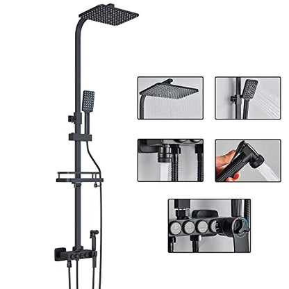 Shower System Matte Black Bathroom Thermostatic Shower Faucet Set with Tub Spout,Shower Head,3 Functions Hand Sprayer,Bidet and Shelf Rain Outdoor Shower Fixtures Kit Wall Mounted