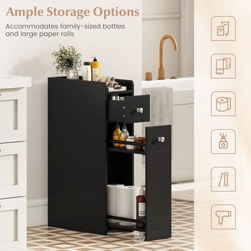 Giantex Slim Bathroom Storage Cabinet, Space-saving Toilet Side Cabinet with Slide-out Drawers on 3 Wheels, Freestanding Narrow Toilet Paper Holder for Living Room, Laundry Room, Compact Space (Black) - color: Black