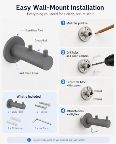 Hooks Heavy Duty Shower Hooks wall Hooks Hooks for Hanging (Cement Gray) | 304 stainless steel double hooks for bathroom, bedroom, closet, laundry, backpacks, bags and pet leashes - color: Cement Gray