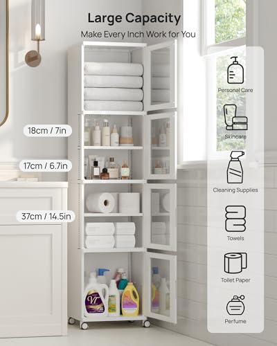 Vtopmart 63.2" Tall Slim Bathroom Storage Cabinet with 4 Adjustable Shelves and 4 Doors, Freestanding Cabinets Organizer with Wheels and Anti-tip for Laundry, Kitchen, Pantry, White