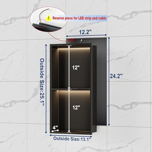 Matte Black 2-Tier 3 CCT LED Niche, 12"x24" No-Tile Shower Storage | shower niche with 3-Temperature LED Strip Light (4000K/6000K/3000K),Waterproof, Sturdy&Durable,304 Stainless Steel Wall Niche - color: Matte Black, size: 12X24In