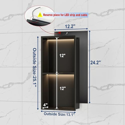 Matte Black 2-Tier 3 CCT LED Niche, 12"x24" No-Tile Shower Storage | shower niche with 3-Temperature LED Strip Light (4000K/6000K/3000K),Waterproof, Sturdy&Durable,304 Stainless Steel Wall Niche - color: Matte Black, size: 12X24In