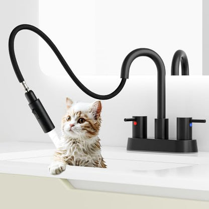 Stainless Steel Matte Black Bathroom Faucet with Pull Out Sprayer, Black Dual-Function Spout Bathroom Sink Faucet, 4 Inch Two Handle Utility Sink Faucet with Sprayer 3 Hole, Pet Shower, RVs - color: Matte Black