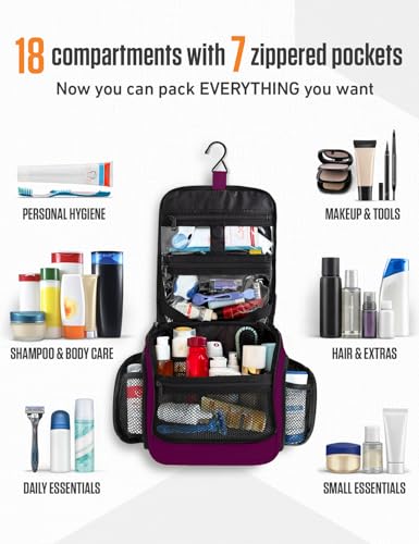VENTURE 4TH Hanging Travel Toiletry Bag, 18 Compartments - Purple | Hangs on rails, hooks or doors; stands upright. Removable TSA pouch. Water-resistant Nylon 290D Twill, reinforced stitching. - color: Purple