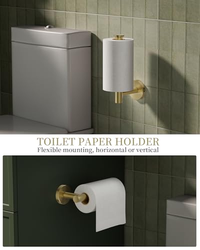 Brushed Gold Bathroom Hardware Accessories Set 5 pcs Towel Holder Bar Set | 24 inches Stainless Steel Towel Bar, Towel Racks for Bathroom Robe Towel Hooks Toilet Paper Holder Wall Mounted by BATHLAVISH - color: Brushed Gold