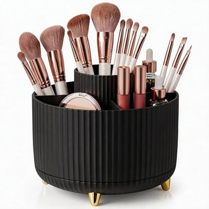 360 Rotating Makeup Brush Holder Organizer, 5-Slot Black Spinning Cup for Women, Vanity Desk & Bathroom Storage for Cosmetics and Beauty Tools Accessories