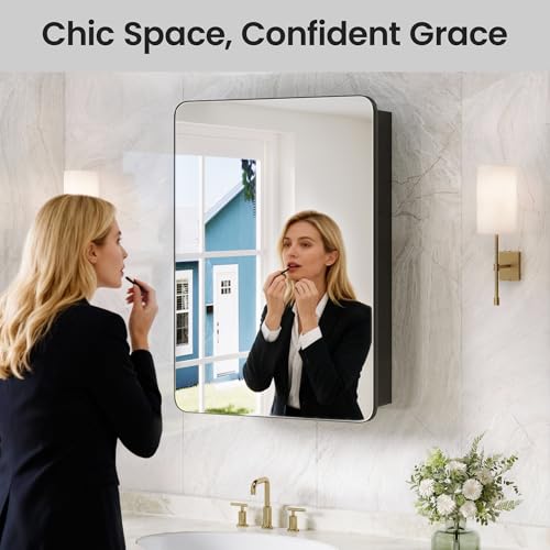 20x30 Black Medicine Cabinet with Mirror, Recessed & Surface Mount | Bathroom mirror with storage: 6 adjustable shelves fit tall bottles; DTC soft-close hinges; rust-resistant aluminum - size: 20" x 30"