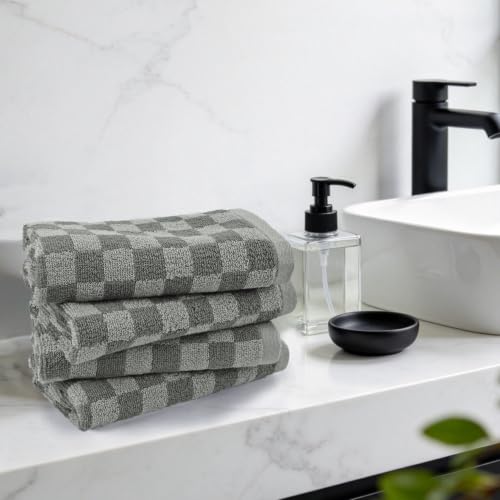 Jacquotha Grey Checkered Washcloths Set of 4 - Cotton Face Towels 13" x 13" | Soft Wash Cloths Facecloths, Bathroom & Showering, Kitchen Rags, Skincare & Makeup Routine, Cute Aesthetic - color: Grey