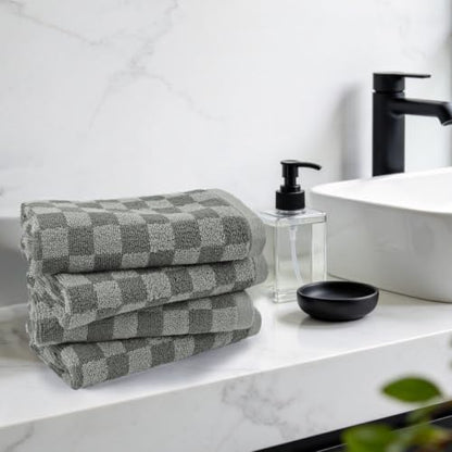 Jacquotha Grey Checkered Washcloths Set of 4 - Cotton Face Towels 13" x 13" | Soft Wash Cloths Facecloths, Bathroom & Showering, Kitchen Rags, Skincare & Makeup Routine, Cute Aesthetic - color: Grey