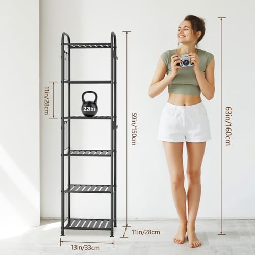 PouHenier.jh Tall Metal Narrow Skinny Shelf Unit for Bathroom, 6 Tier Black | Free Standing, Thin Shelving for Pantry or Kitchen, Slim Open Tower Rack, with 10 Hooks, Space Saving, No Tools Assembly