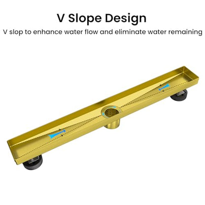 EXF Linear Shower Drain 24 Inch Brushed Gold with Tile Insert Cover | 304 Stainless Steel, V-Slope Design, Debris Strainer, Seamless, Adjustable Height - color: Brushed Gold, size: 24 IN