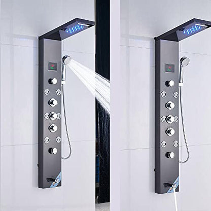 LED Light Shower Panel Tower Rainfall Waterfall Shower Head with Massager Jets Body System Jet