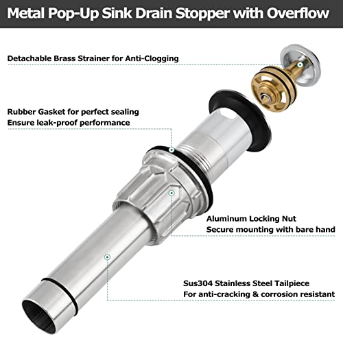 All Metal Bathroom Sink Drain with Overflow, Stainless Steel Pop Up Drain for Lavatory Vanity Vessel Sink, Chrome, 2108501 - color: Chrome, style: With Overflow