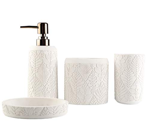 Hymmah Bathroom Accessories Set,Toothbrush Holder,Farmhouse Decor,4 Pcs Resin Gift Apartment Necessities, Contain Toothbrush Cup,Soap Dispenser & Dish,Tumbler - color: Leaf White