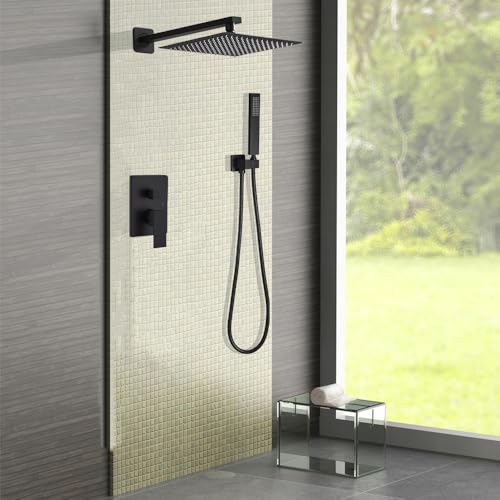 Matte Black Shower System 12 Inch Bathroom Luxury Rain Mixer Shower Combo Set Wall Mounted Rainfall Shower Head and Handheld System Shower Faucet Set Rough-in Valve Body and Trim Kit - color: Matte Black, size: 12 Inch