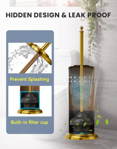 Dowry Toilet Plunger with Holder for Bathroom Gold 18.7In | Hidden Toilet Bowl Cleaners Long Handle with Cover Powerful Force Suction Cup Heavy Duty Deep Cleaning Gold 18.7In - color: Gold