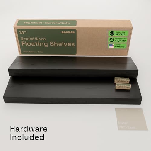 Solid Wood Floating Shelves for Wall 24 inch Black, Wooden Bathroom Shelf | Real Wood, Wall Mounted, Heavy Duty, Bedroom Kitchen Living Room, Black Finish, 24W x 6.7D, Set of 2 - color: Black, size: 24 Inch