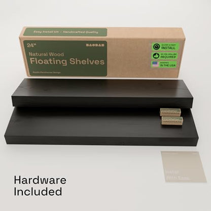 Solid Wood Floating Shelves for Wall 24 inch Black, Wooden Bathroom Shelf | Real Wood, Wall Mounted, Heavy Duty, Bedroom Kitchen Living Room, Black Finish, 24W x 6.7D, Set of 2 - color: Black, size: 24 Inch