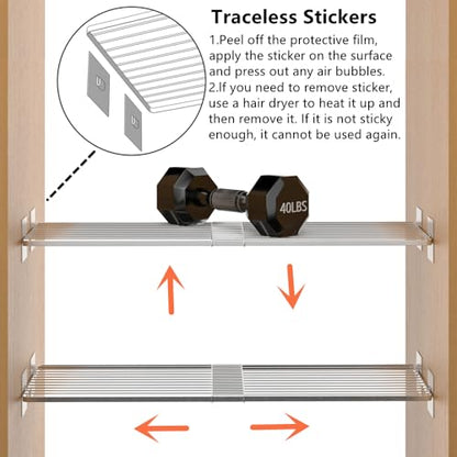 Slideep Adjustable Closet Storage Shelves with Seamless Sticker, Stainless Steel Expandable Wardrobe Shelves Organizer System for School Locker, Under Sink (Large, 2Pack) - size: 12"D x 16.9"W