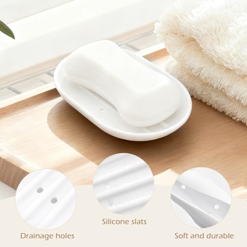 BlingKingdom 2 PCS Silicone Soap Dishes, Soap Tray with Drain | Non-Slip, Portable Self Draining Soap Holder for Shower, Bathroom, Kitchen Sink (White and Grey)