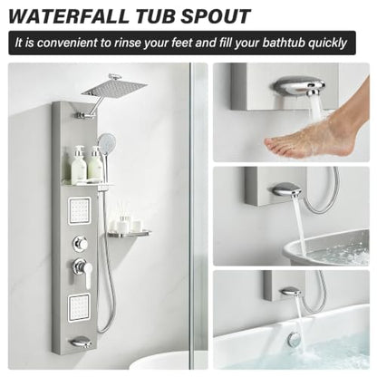 Brushed Surface Shower Panel Contemporary Wall Mount Shower Tower with Adjustable Rainfall Shower Head Large Body Jets Stainless Steel Shower System with Shelf
