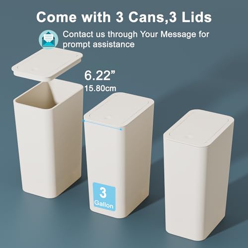 N. NETDOT 3 Pack Small Trash Can with lid, 3 Gallon Bathroom Trash Can,Garbage Can Slim Trash Bin Waste Basket for Bathroom,Kitchen,Bedroom,Living Room,Office,Laundry - Off White - color: Off White, size: 3 X 3 Gal