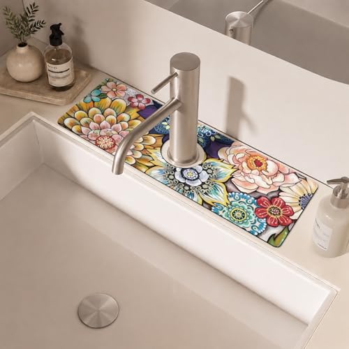 Boho Colorful Mandala Flower Kitchen Sink Splash Guard Faucet Mat,Faucet Non-Slip Absorbent Mat,Farmhouse Sink Splash Guard Behind Faucet for Kitchen Bathroom, 15"x5.5" - color: Drying Faucet Mat 2