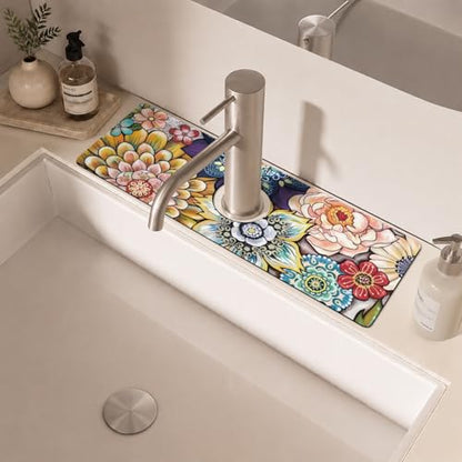 Boho Colorful Mandala Flower Kitchen Sink Splash Guard Faucet Mat,Faucet Non-Slip Absorbent Mat,Farmhouse Sink Splash Guard Behind Faucet for Kitchen Bathroom, 15"x5.5" - color: Drying Faucet Mat 2